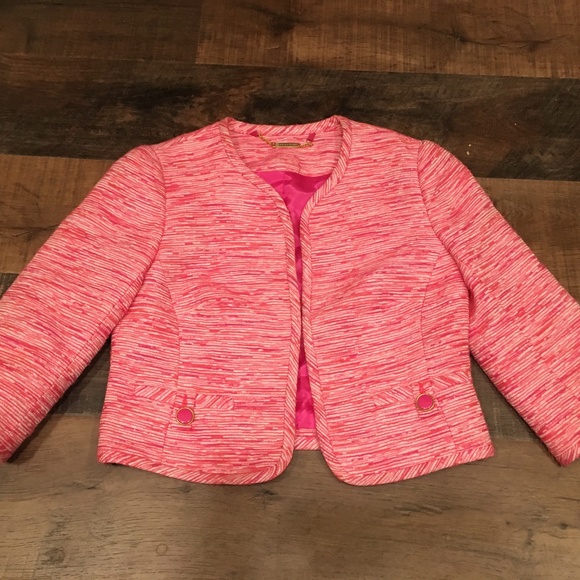 Trina Turk Pink & White Cotton Blend Three Quarter Sleeve Short Jacket, Sz 2 - Picture 1 of 4